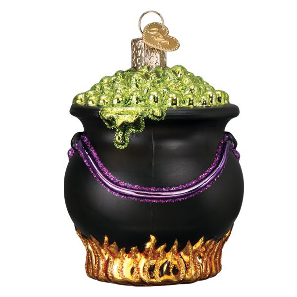 Old World Christmas Halloween Cauldron Ornament, detailed glass decoration with spooky design for Halloween decor.