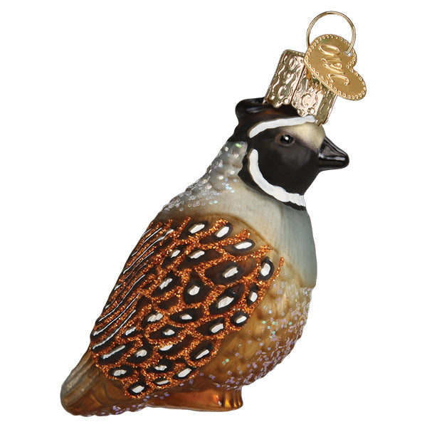 Old World Christmas quail ornament featuring a detailed, colorful quail design for holiday decorations.