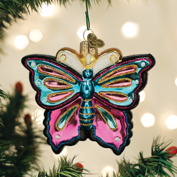 Colorful glass butterfly ornament from Old World Christmas, featuring intricate details and vibrant hues.