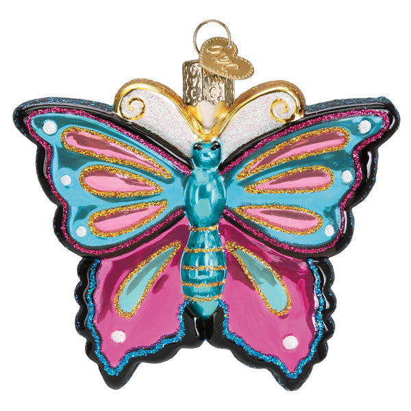 Colorful glass butterfly ornament by Old World Christmas featuring intricate details and vibrant hues.
