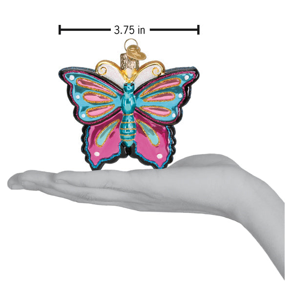 Colorful glass butterfly ornament from Old World Christmas with intricate details and vibrant hues, perfect for holiday decor.