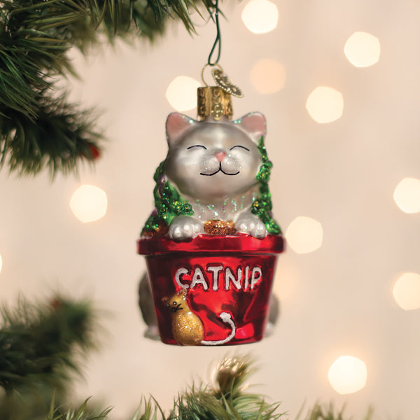 Colorful catnip cat ornament by Old World Christmas featuring a detailed, festive feline design for holiday decor.