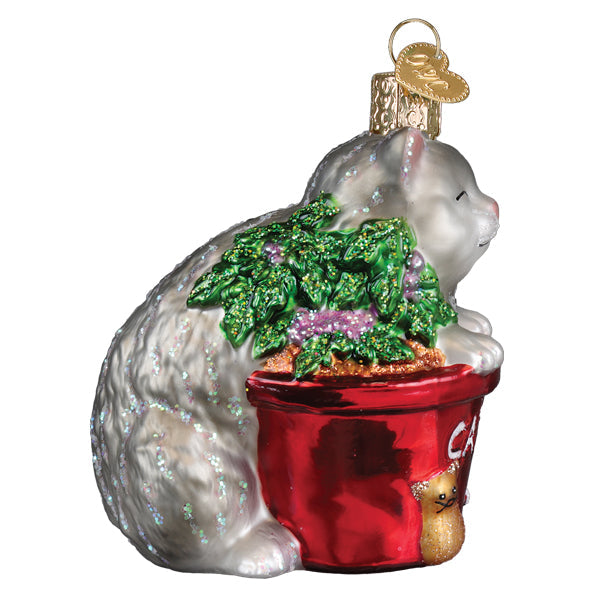Colorful Old World Christmas catnip ornament shaped like a cat, featuring intricate details and vibrant holiday colors.