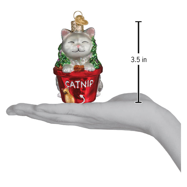 Colorful catnip-themed Christmas ornament by Old World Christmas featuring a playful cat design, perfect for holiday decorating.