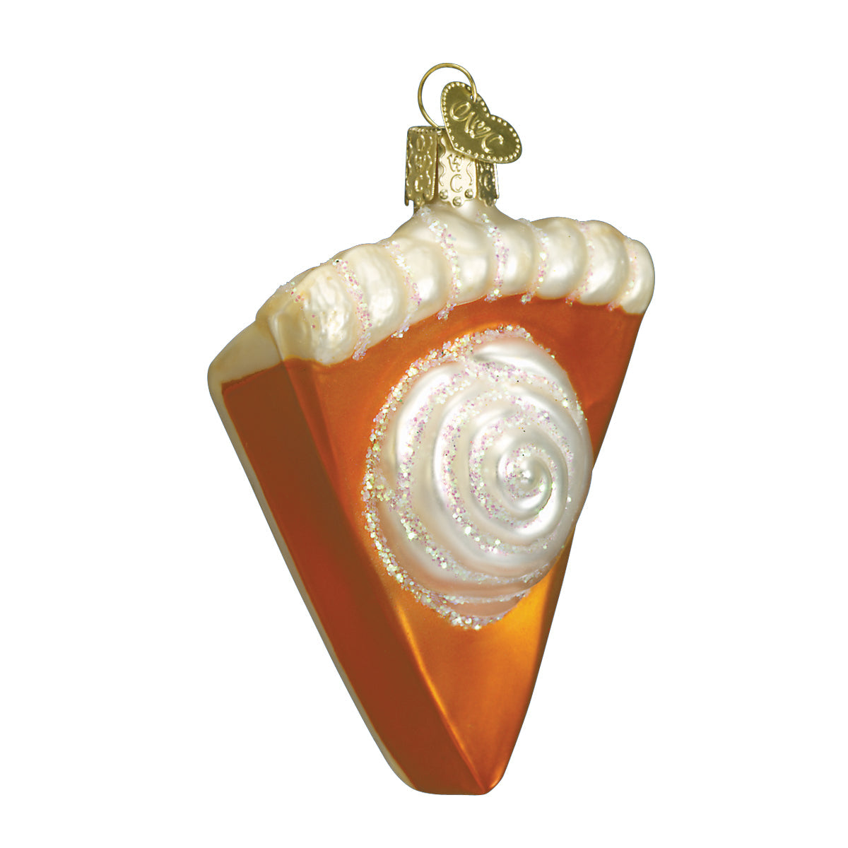 Old World Christmas pumpkin pie ornament showing a slice of pumpkin pie with whipped cream and a decorative crust.