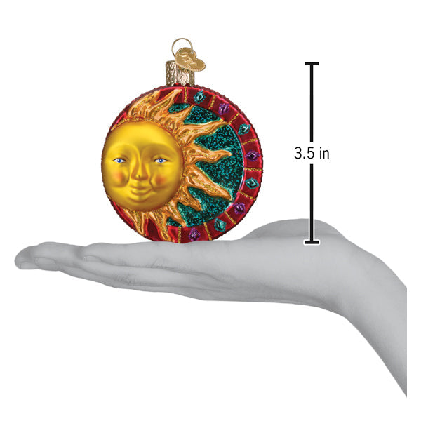Old World Christmas jeweled sun ornament featuring colorful gemstones and intricate design on a gold-tone background.