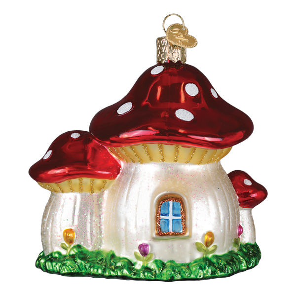 Colorful Mushroom House ornament by Old World Christmas featuring a whimsical mushroom design with detailed accents.