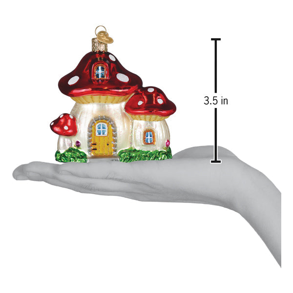 Colorful mushroom house ornament by Old World Christmas featuring a whimsical design and detailed craftsmanship.