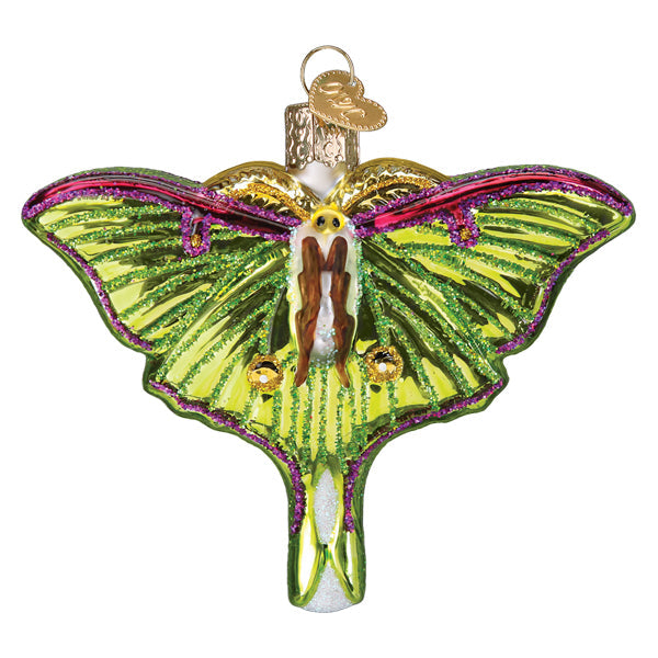 Old World Christmas Luna Moth ornament featuring detailed green and brown moth design with intricate wings.