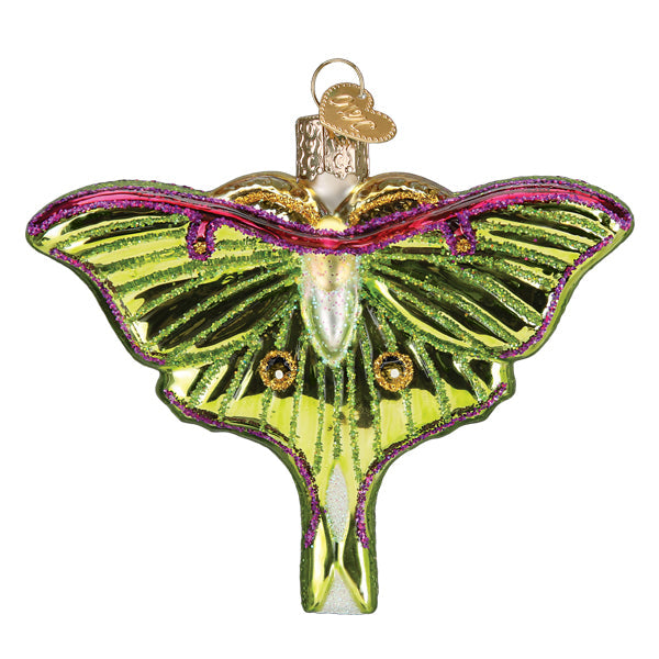 Old World Christmas Luna Moth ornament featuring a detailed, colorful moth design with intricate wing patterns.