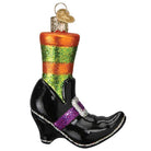 Old World Christmas witches shoe ornament, detailed Halloween-themed hanging decoration with a spooky design.