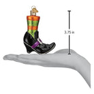 Old World Christmas Witches Shoe Ornament featuring a detailed, festive witch's shoe with Halloween-inspired design.