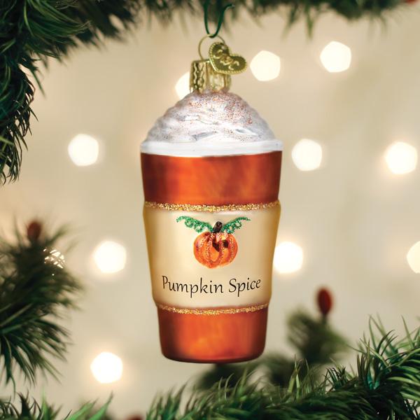 Old World Christmas Pumpkin Spice Latte ornament featuring a detailed glass coffee cup with whipped cream and pumpkin spice toppings.