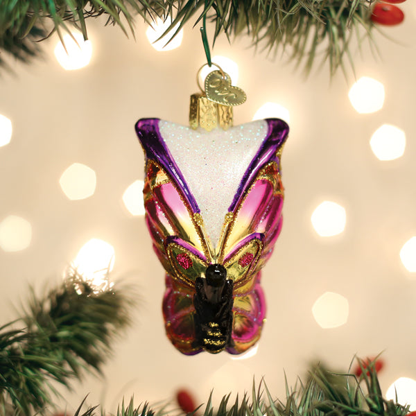 Colorful glass butterfly ornament from Old World Christmas with vibrant wings and intricate details.