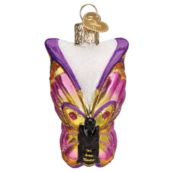 Colorful glass butterfly ornament from Old World Christmas, featuring vibrant butterfly design with intricate details.