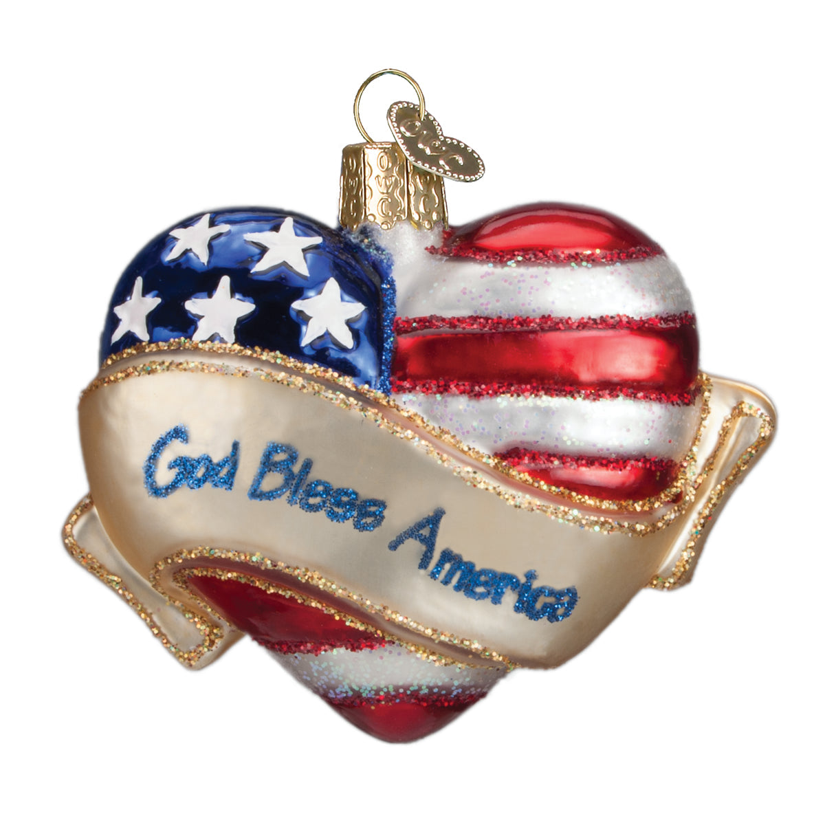 Glass ornament of a heart with "God Bless America" message, crafted by Old World Christmas.