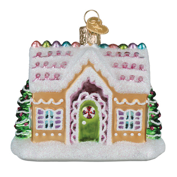 Colorful sugar-coated cottage ornament by Old World Christmas featuring festive holiday details and intricate design.