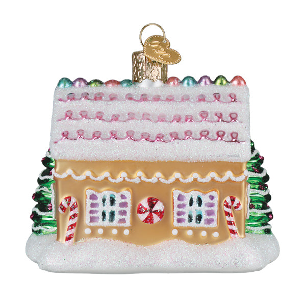 Colorful sugar-coated cottage ornament by Old World Christmas featuring festive holiday details and intricate design.