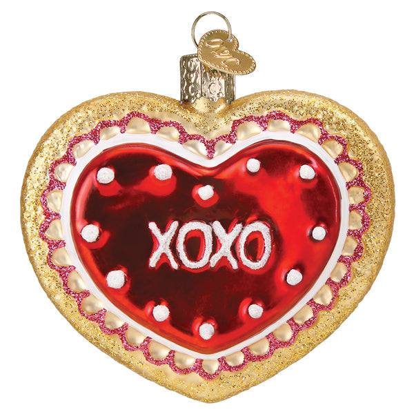 Old World Christmas Heart Cookie Ornament featuring a detailed, colorful heart-shaped cookie design with festive decorations.