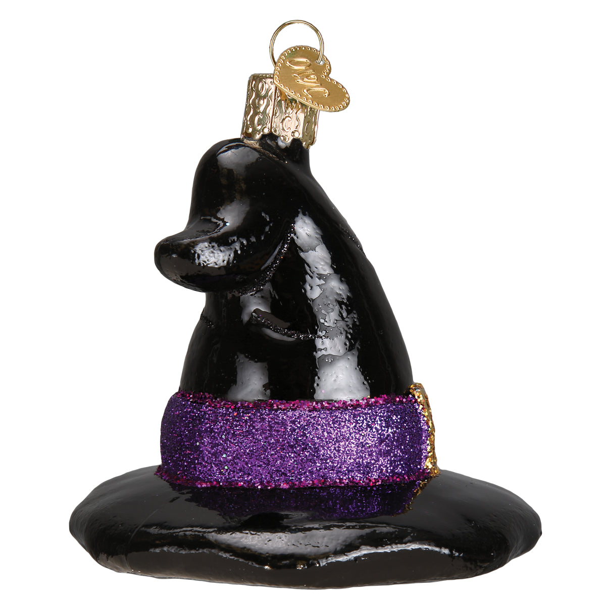 Old World Christmas Witch's Hat Ornament featuring a pointed black hat with a gold buckle and festive holiday design.