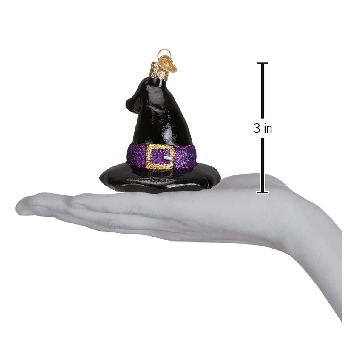 Old World Christmas Witch's Hat Ornament featuring a pointed black hat with purple accents and a decorative buckle.