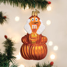 Old World Christmas M&M'S Orange Autumn Ornament, detailed pumpkin-shaped holiday decoration with M&M'S branding.