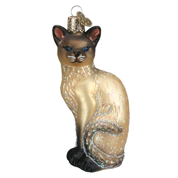 Tan Siamese Cat ornament by Old World Christmas, detailed ceramic figurine with realistic features and a festive holiday design.