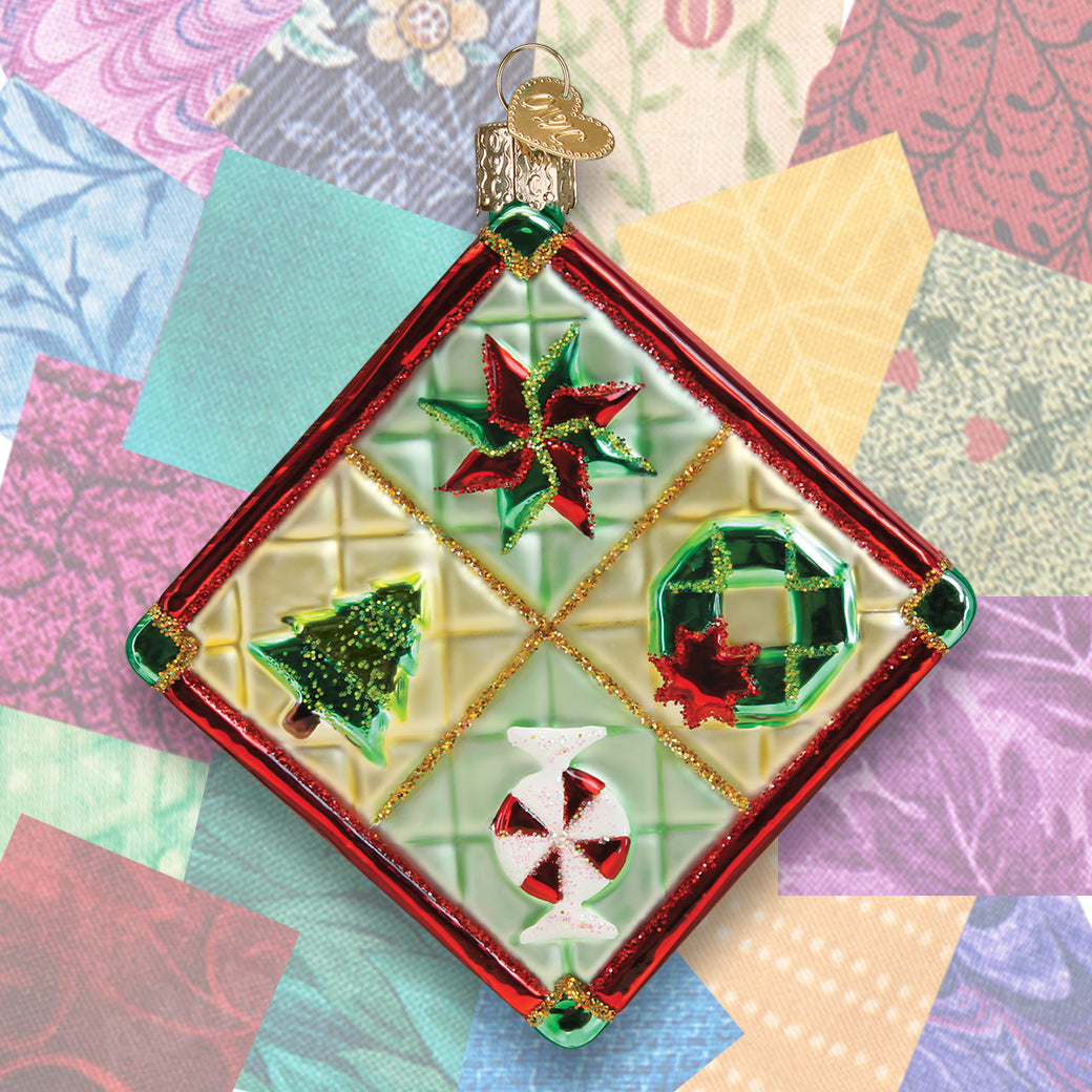 Old World Christmas Christmas quilt ornament featuring intricate quilting patterns and festive holiday design.
