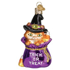 Old World Christmas trick-or-treat kitty ornament featuring a festive black and orange Halloween-themed cat design.