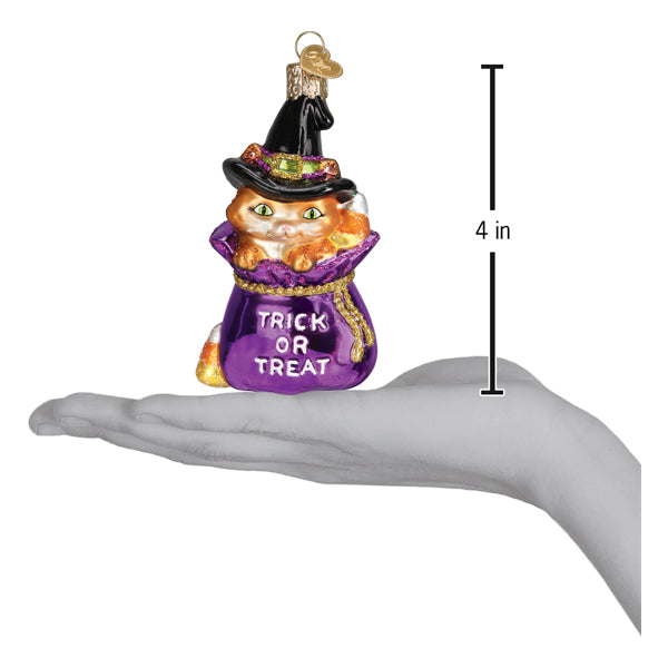 Old World Christmas Trick-or-treat kitty ornament featuring a festive black cat with a pumpkin, perfect for Halloween decorations.