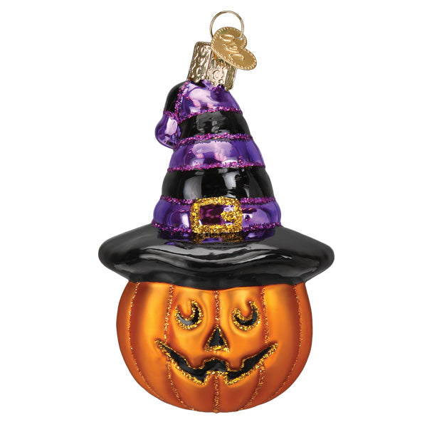 Old World Christmas Witch Pumpkin Ornament with detailed orange pumpkin and witch hat design for Halloween decor