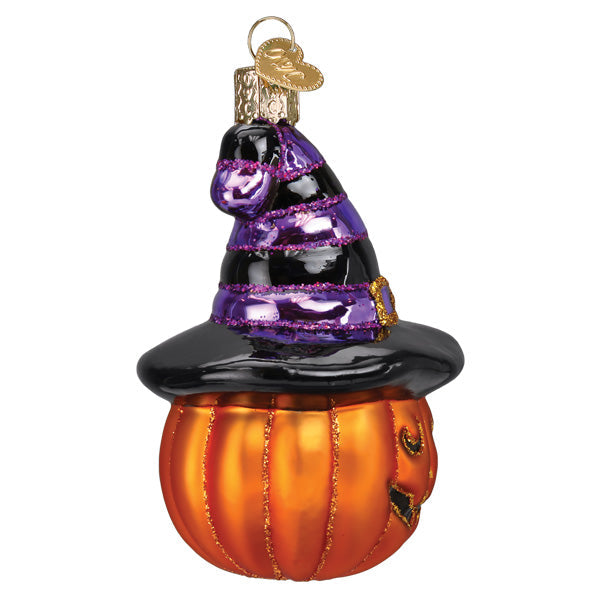 Old World Christmas Witch Pumpkin Ornament with detailed Halloween design and vibrant orange and black colors.