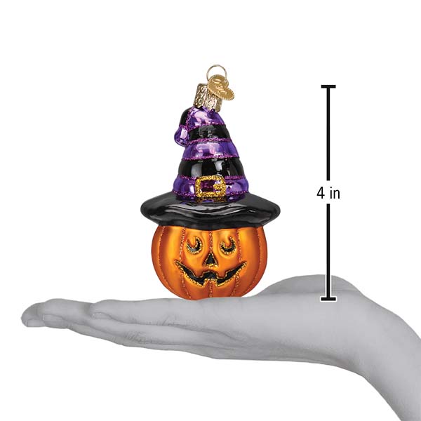 Old World Christmas Witch Pumpkin Ornament featuring a festive orange pumpkin with a witch hat and detailed Halloween design.