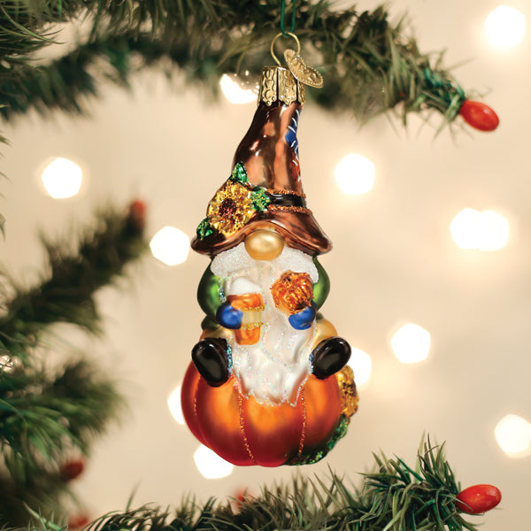 Colorful Fall Harvest Gnome figurine from Old World Christmas, featuring a festive gnome with harvest-themed decorations.