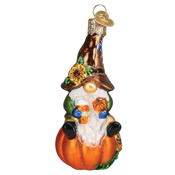 Old World Christmas Fall Harvest Gnome with pumpkin hat, colorful autumn decorations, and festive fall theme.