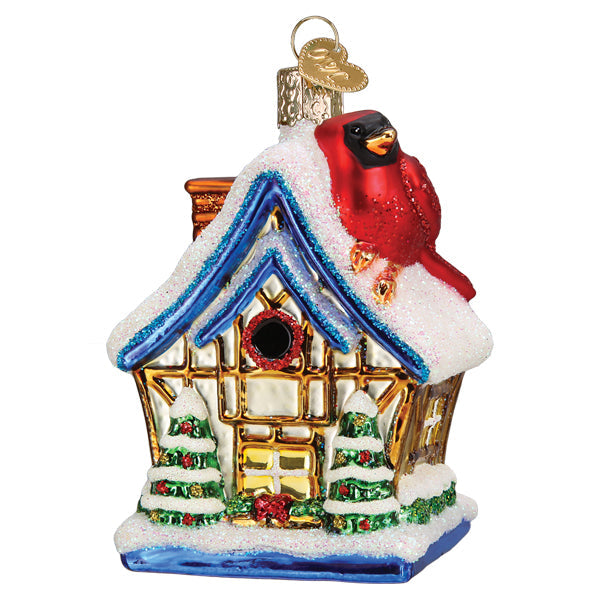 Colorful Cardinal Birdhouse Christmas ornament by Old World Christmas, featuring a detailed birdhouse with a cardinal perched outside.