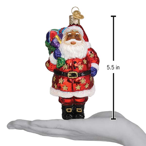African American Santa ornament by Old World Christmas featuring a jolly Santa Claus with festive attire and cheerful expression.