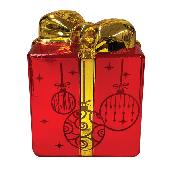 Decorative lit ornamental glass gift box by Old World Christmas with intricate design and vibrant colors.
