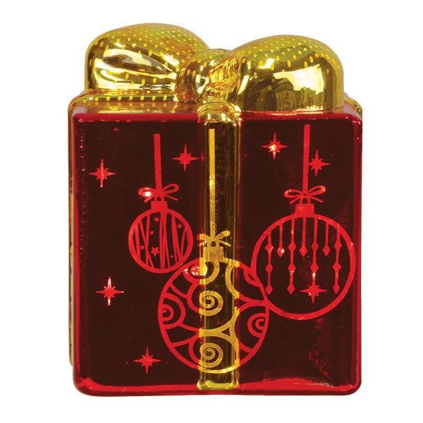 Decorative lit ornamental glass gift box from Old World Christmas featuring intricate glass design and festive illumination.