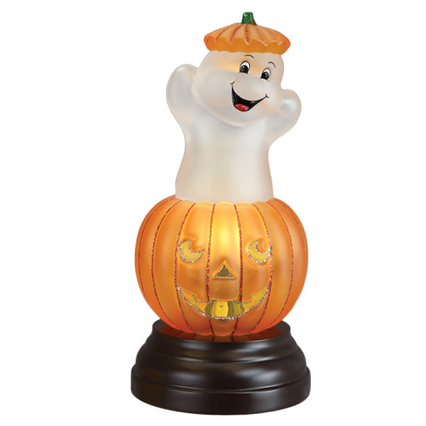 Old World Christmas ghost pumpkin light ornament with carved pumpkin face and spooky ghost design, detailed and colorful.