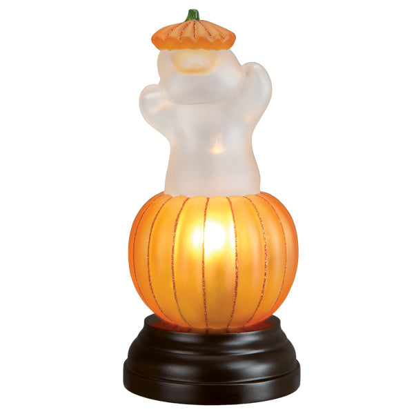 Old World Christmas ghost pumpkin light ornament with a spooky pumpkin face and glowing details, perfect for Halloween decor.