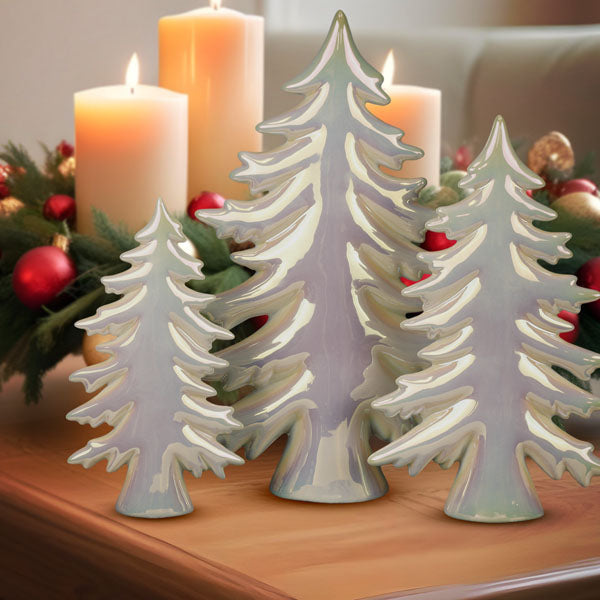 Iridescent ceramic trees set by Old World Christmas, featuring shimmering glass Christmas tree figurines with colorful iridescent finish.