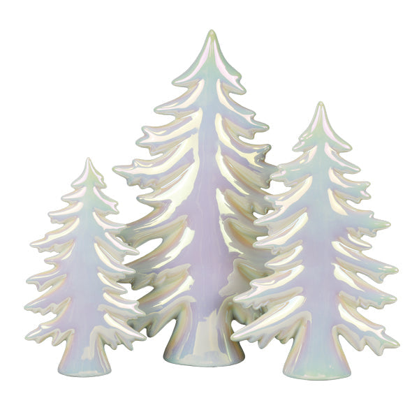 Iridescent ceramic trees set featuring two decorative Christmas trees with shimmering glaze, perfect for holiday decor.