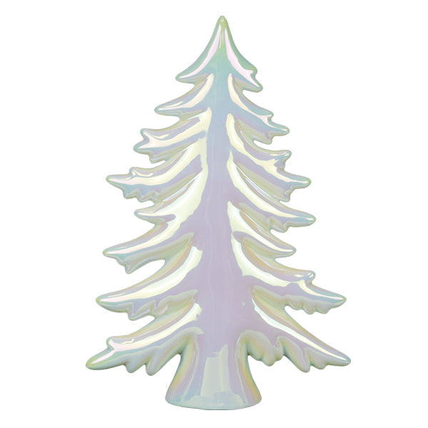 Set of five iridescent ceramic trees from Old World Christmas, featuring shimmering, colorful holiday decor.