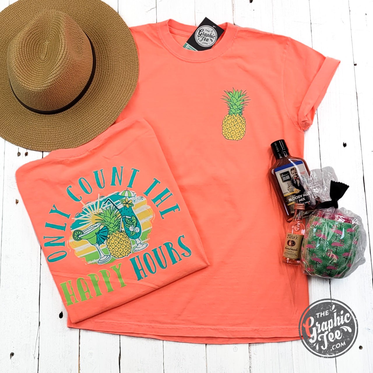 Comfort Colors neon crew neck T-shirt featuring a graphic design with "Only Count the Happy Hours" text, short sleeve casual tee.