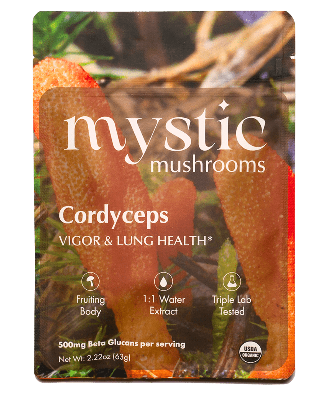 Pack of Ora Cacao Cordyceps supplement capsules in a clear plastic bottle with a white label featuring green accents.