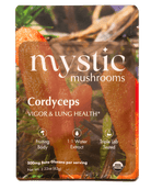 Pack of Ora Cacao Cordyceps supplement capsules in a clear plastic bottle with a white label featuring green accents.