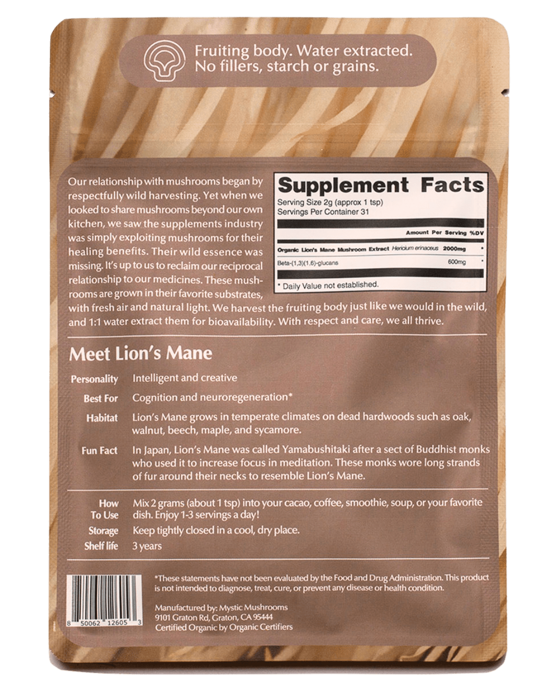 Ora Cacao Lion's Mane supplement in a clear bottle with a label, showcasing the natural mushroom powder product.