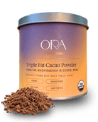 Triple Fat Cacao Powder in a 12 oz tin by Ora Cacao, showcasing rich, dark cacao powder for baking and cooking.