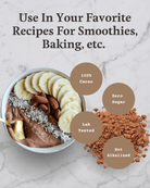 12 oz tin of Ora Cacao Triple Fat Cacao Powder showing the round metal container with a label featuring cacao beans and product name.